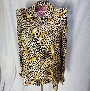 Vtg gold watch animal print silk blouse